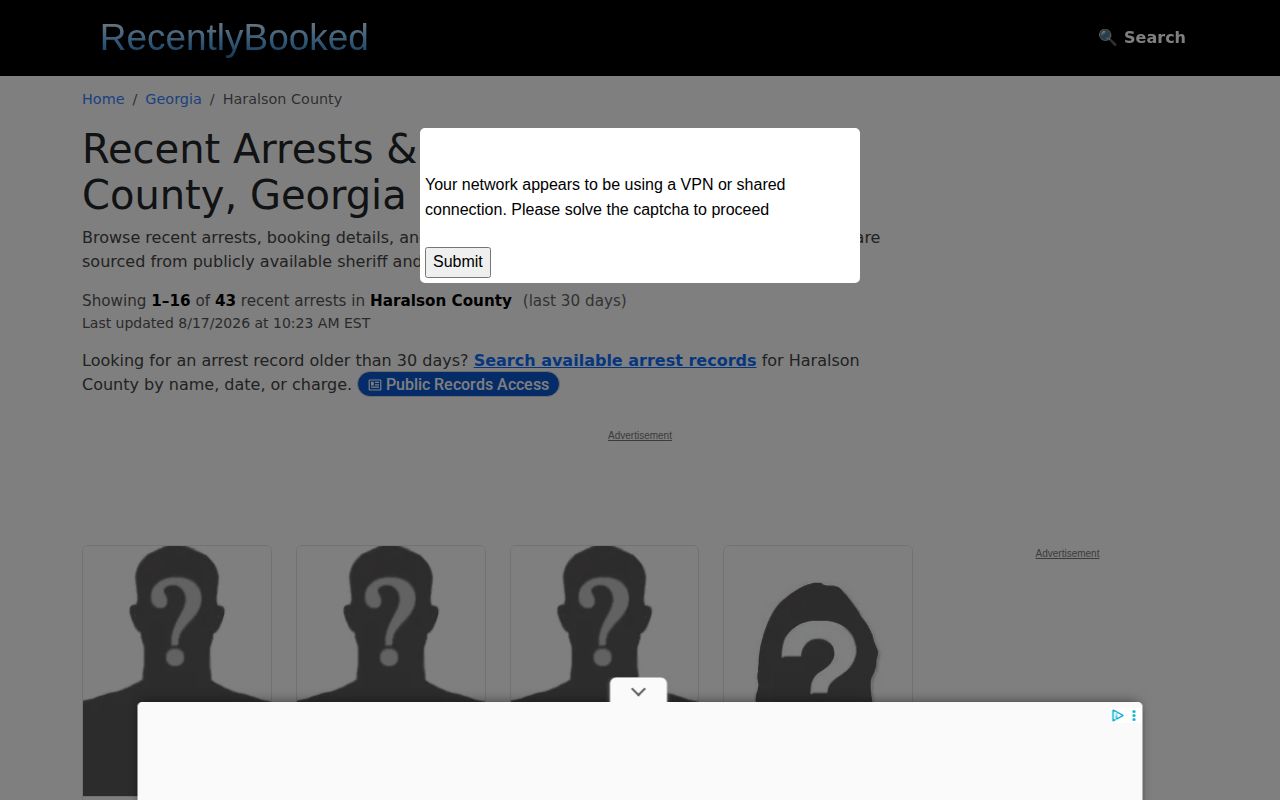 RecentlyBooked unofficial Haralson County arrest page