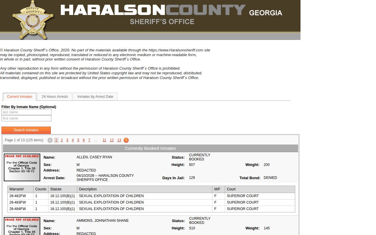 Haralson County Jail current-custody roster search interface