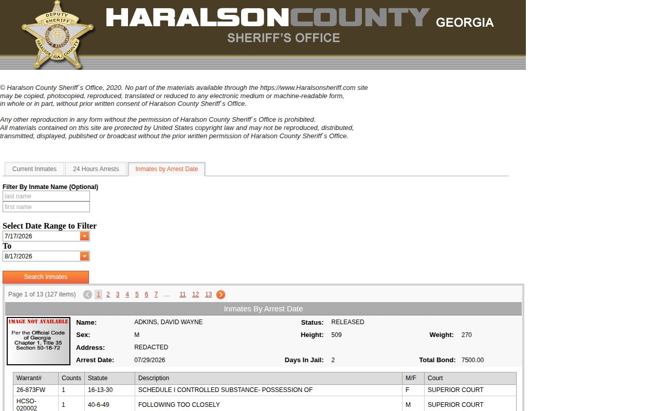 Haralson County arrest-date search for current and released booking records