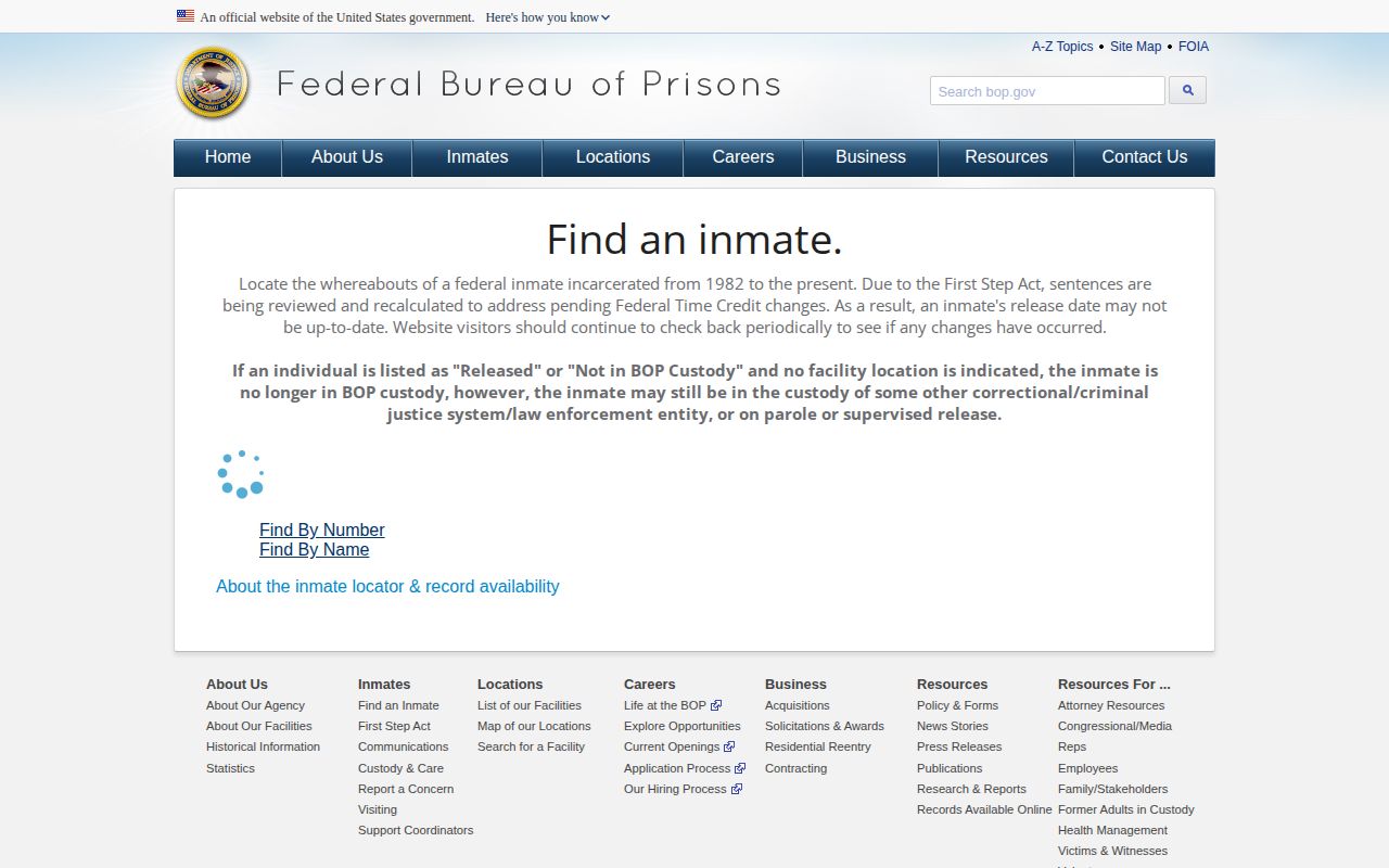 Federal Bureau of Prisons inmate locator for federal custody records