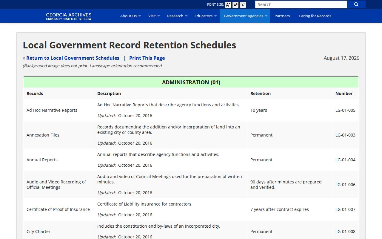 Georgia Archives local-government retention schedule for Haralson jail records
